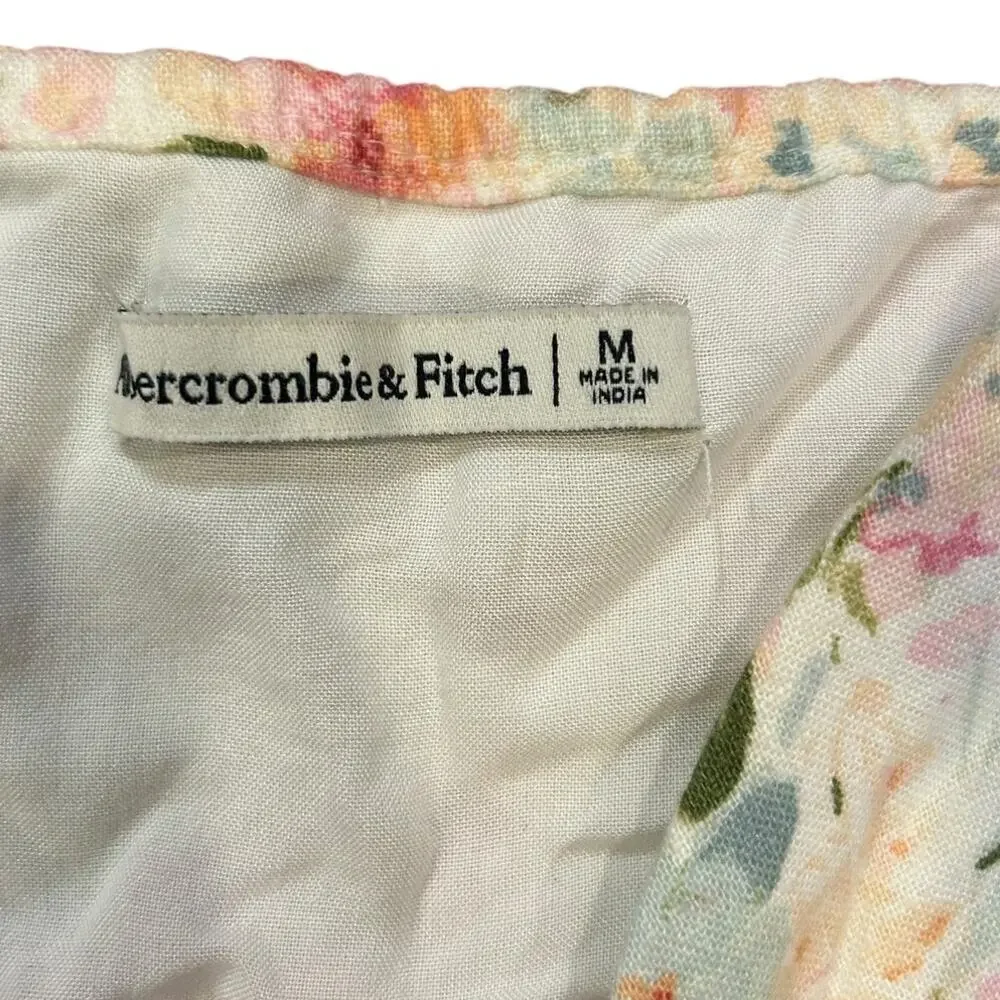 ABERCROMBIE & FITCH Women's MEDIUM Cropped Top Ditsy Floral Linen Puff Sleeve